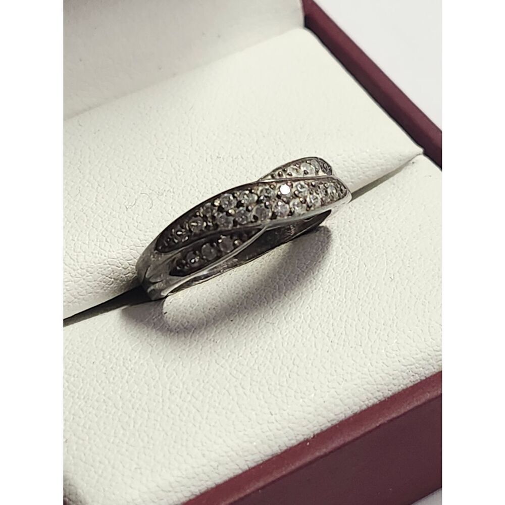 Sterling Silver Pave Crystal Crossover Ring Size 7